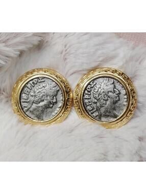 Vintage Premiere Designs Roman Coin Gold Tone Clip Earrings Signed
